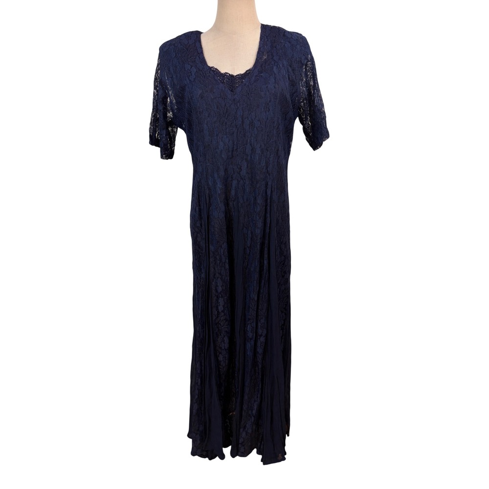 vtg 90s Nostalgia Maxi Dress Small Navy Blue Lace Boho Romantic Fairy Grunge